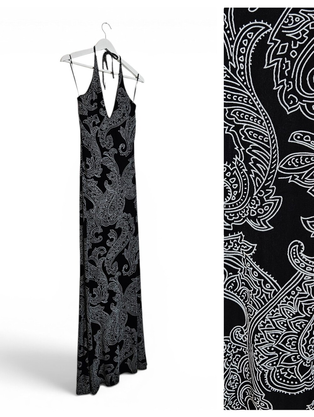 Vintage Jessica McClintock Maxi Dress Size 4 Paisley Halter Black White
